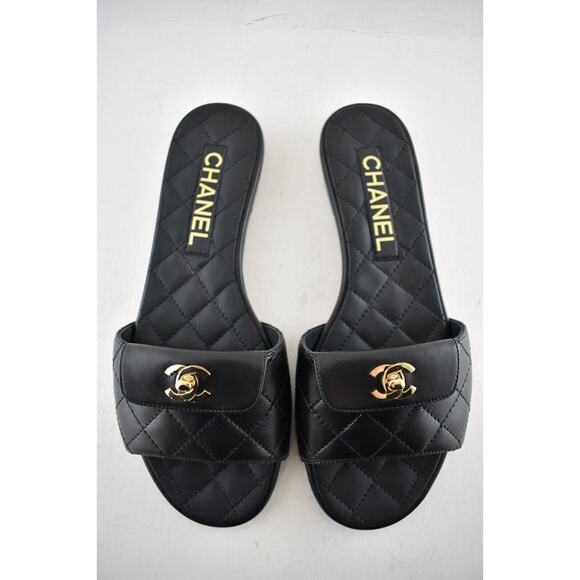 Chanel REV Black Turnlock Quilted Gold CC Logo Mules Slide Sandal Flop Flat 36 - Picture 8 of 12